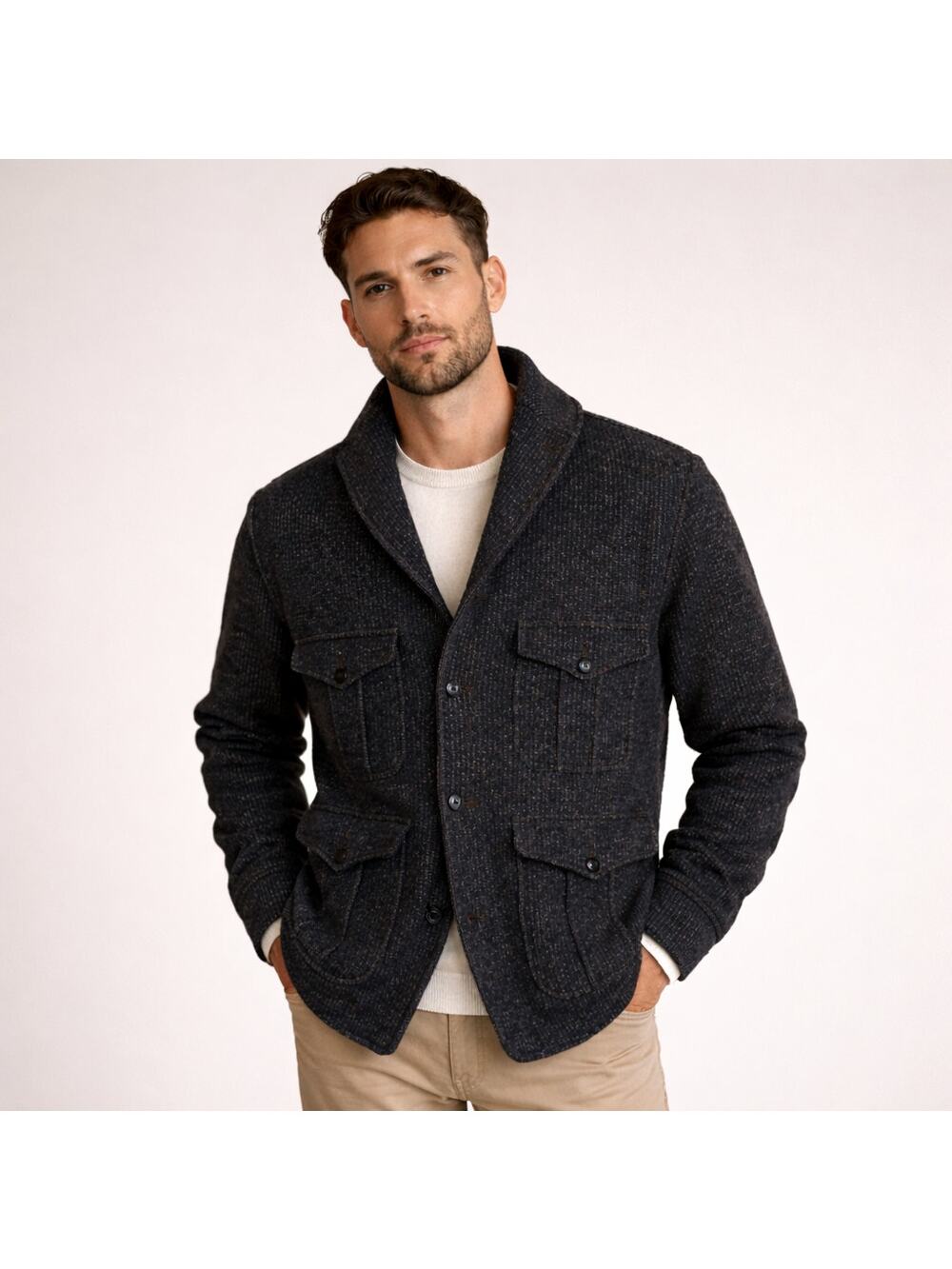 Wallace & Barnes J.Crew Shawl Cardigan Jacket multi pocket Salt pepper black M